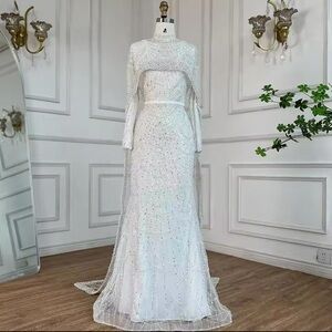 Dubai Arabia Modest Mermaid Luxury Evening Gowns Bride Wedding Dress Bridal